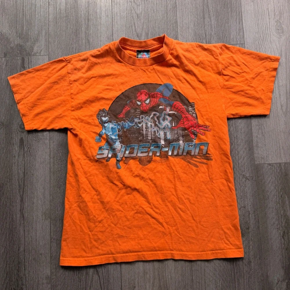 Vintage 2003 Spider-Man Animated Series Orange Tee L Marvel Y2K Cartoon Graphic